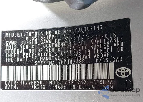 2021 Toyota Corolla Le из США, поврежденный, VIN 5YFEPMAE4MP187189